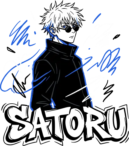 Satoru Gojo: Infinite Style - Jujutsu Sorcerer Urban Art - Satoru Gojo, Jujutsu, anime shirt, manga apparel, Gojo Satoru art, Jujutsu sorcerer, anime streetwear, graffiti anime, white hair anime boy, JJK merch, strongest sorcerer, urban anime design, Japanese pop culture, Gojo sunglasses, blue and black graphic