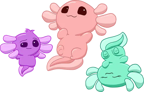 Drei Axolotl - Axolotl, Axl, cute, Cartoon, comic, Tier, Wasser, Water, rosa, lila, violet, türkis, grün
