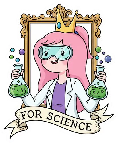 Für die Wissenschaft! Rosa Prinzessin als Wissenschaftlerin - Wissenschaft, MINT, Prinzessin, Laborkittel, Chemie, Cartoon, Aufkleber, Pinke Haare, Frauen in der Wissenschaft, Nerdkultur, Geekig, Laboralltag, Abenteuer, Verspielt, Fan-Art, Chemiekolben, Schutzbrille, Für die Wissenschaft