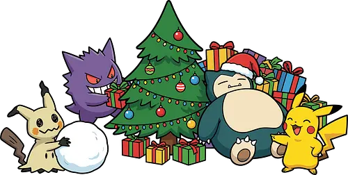 Pocket Holiday Gathering - Mouse, Ghost, and Relax Christmas Party - Mouse, Ghost, Relax, holiday anime shirt, Christmas tree, Santa hat, gamer holiday gift, winter anime graphic, holiday presents, Christmas, festive art, Santa, holiday party, Snorlax sleeping