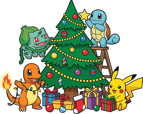 Pocket Christmas Tree Helpers - Festive Kanto Starters Design - Mouse, Starter, Kanto starters, holiday anime shirt, Christmas tree decoration, gamer holiday gift, winter anime graphic, holiday teamwork, anime winter apparel, Christmas, festive art, presents, Christmas