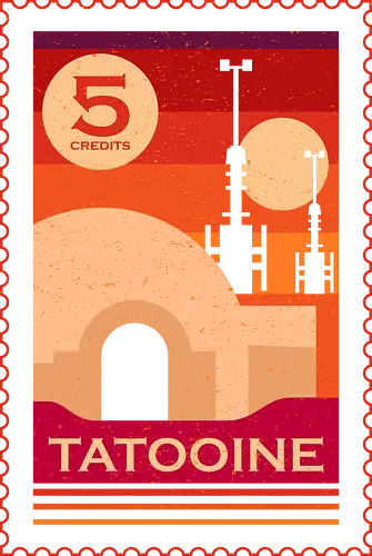 Twin Suns Retro Postage Stamp - stamp, 70s, 80s, geek, movies, nerd, nostalgia, retro, sci fi, space, summer, sun, tatooine, travel, vintage