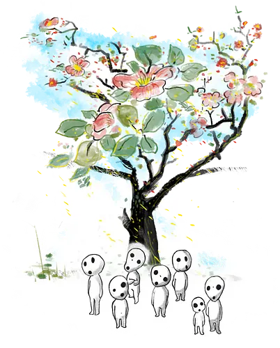 Kodamas a la Hokusai - kodamas, cute, kids, anime, japan pop culture, fantasy