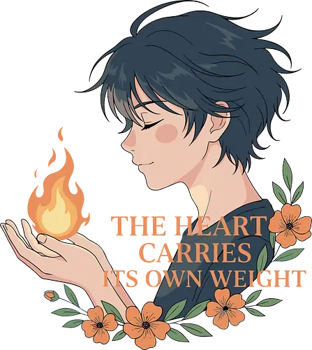 Heart's Own Weight - The Heart Carries Its Own Weight, wholesome anime, aesthetic art, flame, inner strength, self-care, emotional quote, anime boy, floral graphic, t-shirt design, art print, thoughtful, nature aesthetic