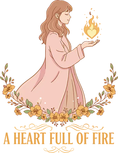   A Heart Full of Fire - A Heart Full of Fire, heart-shaped flame, inner strength, self-love, positive affirmation, aesthetic art, empowered woman, floral, t-shirt design, art print, resilience, courage, inspiration