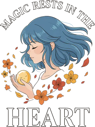Magic Rests in the Heart - anime t-shirt, manga aesthetic, magic rests in the heart, spiritual shirt, self-love apparel, empowering graphic tee, witchy clothing, blue hair anime girl, floral art t-shirt, cute anime merchandise, pastel goth, kawaii style, inner power quote, motivational shirt, unique graphic design, fantasy art tee, self-care gift, flower power shirt, magical girl top, women's anime shirt