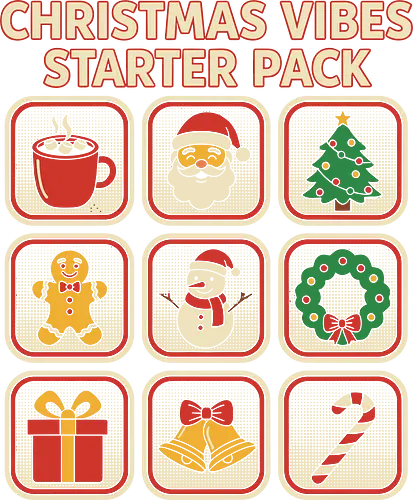 Christmas Vibes Starter Pack - christmas starter pack, christmas vibes, holiday icons, festive graphic tee, vintage christmas, retro holiday shirt, santa claus shirt, gingerbread man, candy cane shirt, christmas tree design, snowman apparel, christmas gift, ugly christmas shirt, funny holiday t-shirt, xmas essential, winter season top, christmas checklist, hot cocoa shirt, holiday aesthetic, bells and wreath shirt