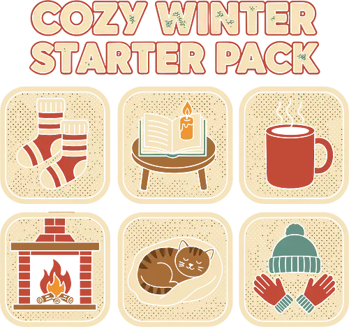 Cozy Winter Starter Pack - cozy winter starter pack, hygge t-shirt, winter aesthetic, cozy vibes shirt, cat lover gift, fireplace graphic tee, warm socks apparel, book and candle shirt, reading lover t-shirt, winter comfort, cold weather top, cute cat design, knit socks design, mittens and hat shirt, warm drink tee, winter graphic, holiday season, snuggle shirt, indoor activities