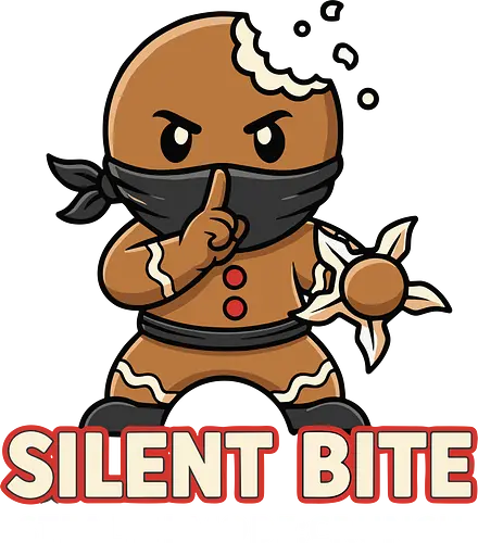 Silent Bite - Stealth Mode: Crunch" Funny Gingerbread Ninja T-Shirt - silent bite, stealth mode crunch, funny gingerbread ninja, shuriken cookie, christmas humor, ninja t-shirt, martial arts parody, secret agent cookie, food pun apparel, bite me shirt, unique graphic tee, stealth mode shirt, gingerbread man humor, cookie lover gift, crunchy humor, sweet assassin, ninja cookie design