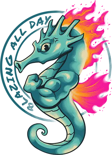 blazing all day  - seahorse, cartoon, horse, fire, flame, illustration, year, zodiac, unicorn, myth, mythical, creature, monster, animal, angry, wild, beast