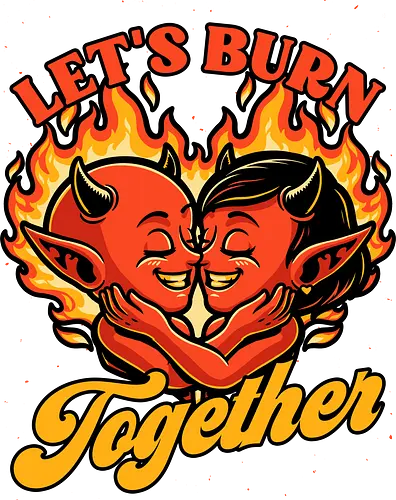 Valentines Burn Together - Valentine's Day, Valentine, Valentines Day, Valentines, Demon, Devil, Heart, Fire, Hell, Love, Romance, Romantic, Burning, Burn, Spooky, Creepy, Halloween, Scary, Traditional Tattoo, Tattoo, Old School Tattoo, Tattoos, Vintage, Retro, Retro Vintage