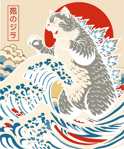 Catzilla: The Great Wave" Japanese Retro Kaiju Cat Graphic T-Shirt - catzilla shirt, the great wave cat, japanese kaiju cat t-shirt, funny catzilla graphic, ukiyo-e cat art, giant cat monster, retro japanese wave tee, funny anime cat clothing, kaiju parody shirt, cat lover gift, rising sun cat design, kanji cat t-shirt, oceanic cat monster, feline godzilla art, japanese woodblock parody, cute catzilla apparel, vintage wave graphic, hokusai cat mashup, ironic japanese art shirt