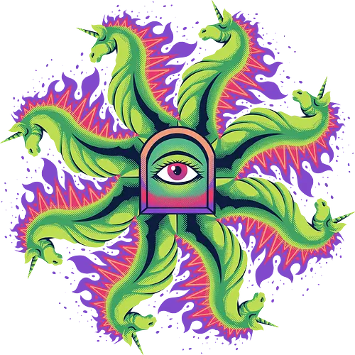 all seeing horse - horse, psychedelic, mushroom, magic, symmetry, geometric, illustration, year, zodiac, unicorn, myth, mythical, creature, monster, animal, angry, wild, beast