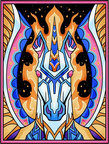 prismatic guardian  - horse, psychedelic, mushroom, magic, symmetry, geometric, illustration, year, zodiac, unicorn, myth, mythical, creature, monster, animal, angry, wild, beast