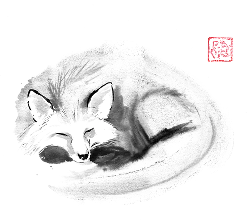 slepping fox - fox, sumie, japan