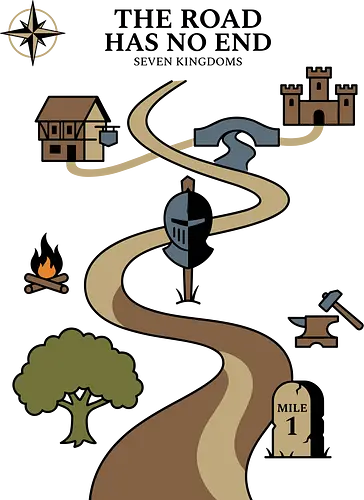 The Road Has No End - the road has no end shirt, seven kingdoms t-shirt, knight's journey graphic tee, high fantasy map apparel, medieval quest clothing, wandering knight design, fantasy world map top, castle and inn graphic, tabletop rpg t-shirt, epic saga clothing, knight helmet illustration, adventurer's path shirt, medieval history gift, fantasy book lover gear, heroic journey apparel, vintage fantasy aesthetic, fantasy cartography shirt, warrior's quest top, fantasy lore streetwear