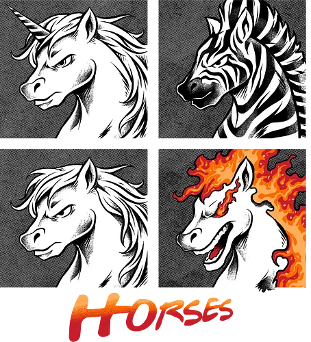 heads of fire - horse, fire, flame, illustration, year, zodiac, unicorn, myth, mythical, creature, monster, animal, angry, wild, beast