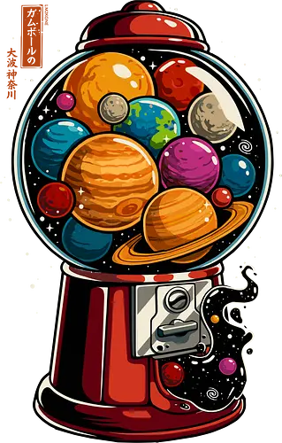 Space Gumball Galaxy - space, gumball, galaxy, planets, astronaut, kanji, japan, candy, geek, pop, popart, astronomy, gift