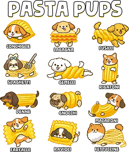 Pasta Pups - pasta, chef, cooking, dogs, food, funny, italian, italy, joke, puns, pups, sarcastic, spaghetti, vegan, vegetarian