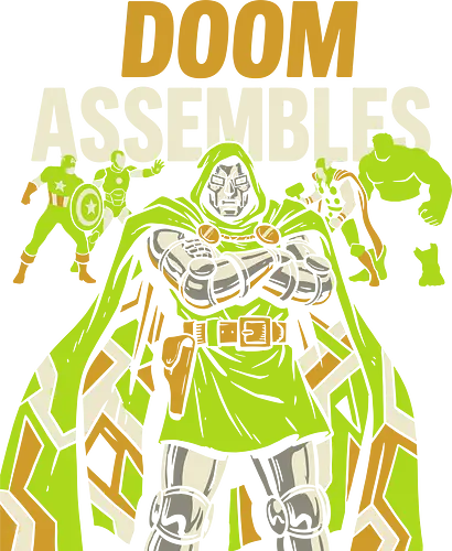 Doom Assembles - doom assembles shirt, doctor doom t-shirt, latveria sovereign apparel, comic book villain graphic tee, victor von doom clothing, defeated heroes design, supervillain streetwear, lime green comic art top, vector villain illustration, anti-hero fan merch, geek culture fashion, iron man and captain america parody, monarch of latveria shirt, iconic villain t-shirt, retro comic book aesthetic, master of sorcery apparel, powerful villain silhouette, villainous pop art, comic lore merch