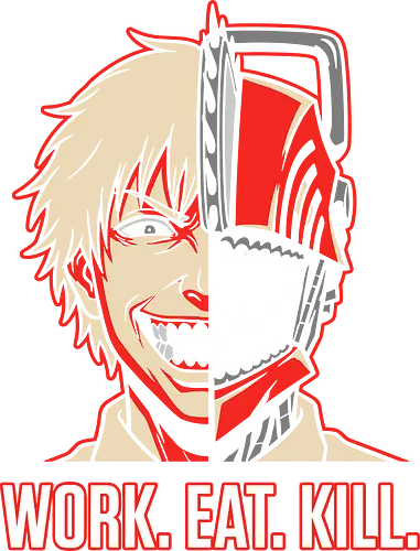 Work. Eat. Kill - work eat kill shirt, chainsaw devil t-shirt, split face anime graphic tee, devil hunter apparel, pochita inspired clothing, denji fan art shirt, dark fantasy anime streetwear, red and white anime design, hybrid demon t-shirt, public safety hunter gear, aggressive typography tee, shonen jump fan merch, chainsaw man t-shirt, supernatural action apparel, edgy manga clothing, devil heart graphic, minimalist anime portrait, monster hunter streetwear, japanese pop culture top