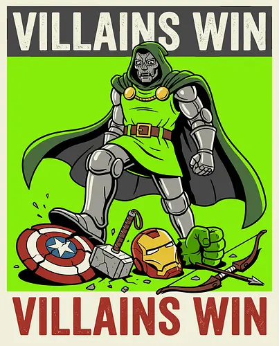 Villains Win - villains win shirt, doctor doom victorious t-shirt, comic book villain apparel, latveria sovereign graphic tee, defeated heroes design, retro propaganda style clothing, victor von doom merch, broken captain america shield shirt, supervillain triumph top, lime green comic art tee, geek culture streetwear, iconic villain t-shirt, comic lore clothing, monarch of latveria apparel, anti-hero graphic design, powerful villain silhouette, villainous pop art, master of sorcery shirt, comic book royalty gear