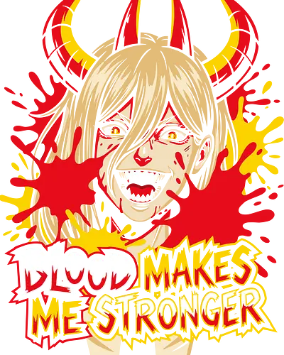 Blood Makes Me Stronger - blood makes me stronger shirt, power anime t-shirt, fiend girl graphic tee, blood fiend apparel, red and yellow anime design, chaotic anime streetwear, supernatural hunter t-shirt, fangs and horns graphic, dark fantasy anime merch, aggressive typography tee, devil girl fan art, edgy anime clothing, halftone pop art shirt, battle ready anime top, blood splatter graphic design, anime anti-hero apparel, fierce anime girl shirt, modern shonen fan merch, stylized anime portrait tee