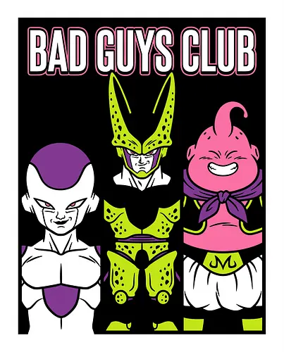 Bad Guys Club Retro Anime Villains Graphic - bad guys club shirt, anime villains t-shirt, retro shonen graphic tee, galactic conquerors apparel, frieza cell buu design, iconic anime antagonists, vintage anime streetwear, purple and green anime top, legendary villains clothing, 90s nostalgia anime shirt, manga villain fan art, powerful warriors t-shirt, gift for anime fans, minimalist anime design, dark side anime apparel, shonen jump villains gear, evil trio graphic tee, stylized anime character shirt, planet eater aesthetic clothing