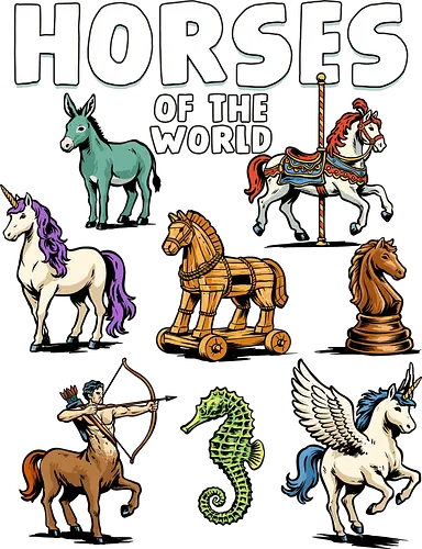 Horses of the World - pegasus, horse, carouosel horse, centaur, chess knight, donkey, equestrian, horse lover, horse riding, horses, mythical, sarcastic, seahorse, trojan horse, unicorn