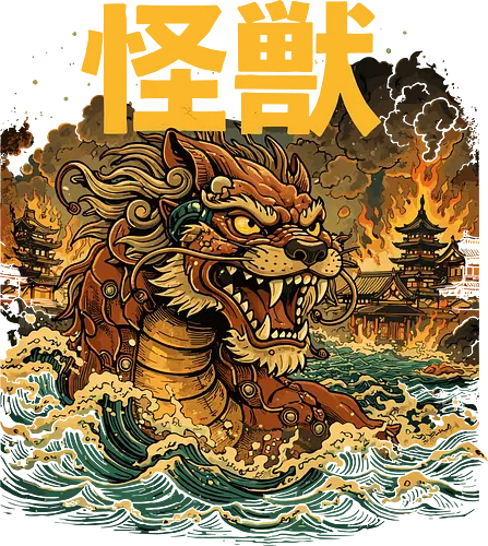 Japanischer Löwendrache Kaiju - Otaku, Shishi, Japanischer Löwe, Kaiju Art, Japan Mythologie, Fantasy Kunst, Anime Stil, Geek Design, Asian Monster, Tempel Wächter, Ukiyoe Stil, Japan Illustration, Mythical Creature, Epic Art, Monster Design