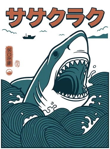 The Great Wave of Jaws - traditional japanese shark art, cool nautical graphic shirt, ukiyo-e jaws parody, great white shark shirt, japanese shark t-shirt, ukiyo-e wave graphic tee, jaws movie parody apparel, hokusai wave shark design, retro shark attack clothing, japanese ocean art t-shirt, vintage sea monster top, shark in waves graphic, teal and orange nautical shirt, kanji shark t-shirt, great white sea art merch, aesthetic shark streetwear, japanese woodblock style tee, marine predator apparel, shark fan gift