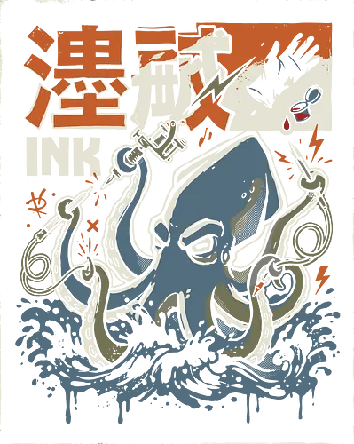 The Ink Master - blue and orange graphic tee, tattoo parlor fan merch, illustrative squid design, tattooist gift shirt, retro japanese woodblock art, tattoo squid shirt, octopus tattoo artist t-shirt, japanese ink master apparel, ukiyo-e wave graphic tee, vintage tattoo culture clothing, giant squid artist design, traditional japanese art t-shirt, tattoo machine graphic top, nautical tattoo streetwear, ocean artist apparel, kanji tattoo shirt, aquatic tattooist streetwear, creative octopus apparel, ink addict t-shirt