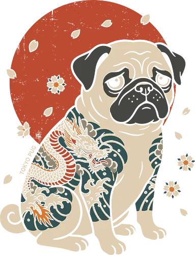 Tokyo Pug - traditional japanese tattoo art clothing, tokyo pug shirt, irezumi pug t-shirt, japanese tattoo dog graphic tee, dragon tattoo pug apparel, sakura cherry blossom t-shirt, rising sun dog design, vintage japanese woodblock style top, pug lover gift, oriental dog streetwear, irezumi waves graphic shirt, cute pug tattoo design, japanese aesthetic pet merch, dragon and pug t-shirt, ukiyo-e style dog apparel, pug in tattoos top, asian art dog shirt, floral pug streetwear, unique dog owner gift