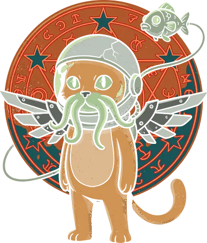 Cthulhu Cat - cthulhu cat shirt, astronaut cat t-shirt, vintage halftone aesthetic top, cosmic horror graphic tee, lovecraftian feline apparel, mystical alchemy circle design, retro sci-fi cat clothing, occult space t-shirt, weird fiction fan merch, tentacle cat graphic, eldritch horror streetwear, cat in space suit shirt, surrealist animal t-shirt, alchemy symbol clothing, cosmic deity cat apparel, geek culture fashion, dark aesthetic space shirt, mechanical wing graphic, elder god fan gift