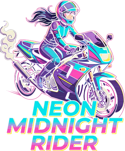 Neon Midnight Rider - neon midnight rider, retro anime shirt, cyberpunk clothing, synthwave aesthetic, 80s aesthetic tee, motorcycle anime girl, vaporwave streetwear, futuristic biker, neon pink and cyan, sportbike graphic, japanese pop culture, aesthetic otaku gift, midnight rider top, 90s anime style, gaming t-shirt, cyberpunk rider, retro wave apparel, racer girl design, street style anime