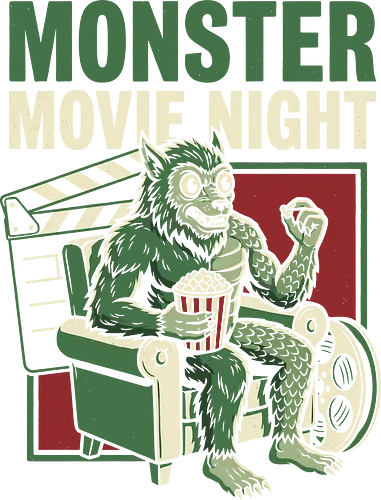 Monster Movie Night - monster movie night, horror movie t-shirt, werewolf eating popcorn, vintage cinema graphic, retro horror tee, classic movie lover gift, drive-in theater shirt, halloween monster apparel, cinephile t-shirt, film geek clothing, creature from the black lagoon style, 50s horror aesthetic, movie theater mascot, creepy cute monster, b-movie fan art, popcorn and movies, film reel graphic, clapperboard design, scary movie shirt