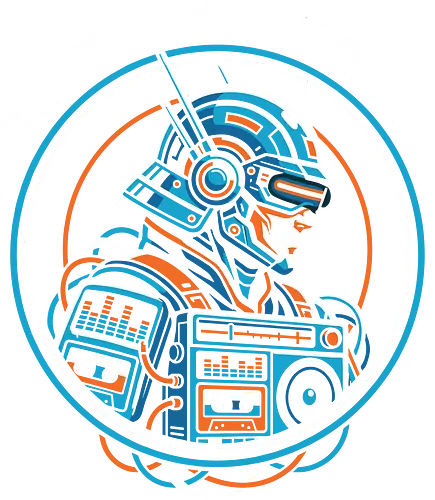 Cyber Samurai Radio - cyber samurai radio, futuristic samurai shirt, cyberpunk graphic tee, mecha anime apparel, retro boombox design, cassette tape t-shirt, sci-fi warrior clothing, robotic samurai art, electronic music streetwear, urban techwear top, cyan and orange aesthetic, synthwave samurai, japanese mecha gift, cybernetic soldier, futuristic boombox, dj graphic shirt, gaming apparel, high tech samurai, 80s futuristic art