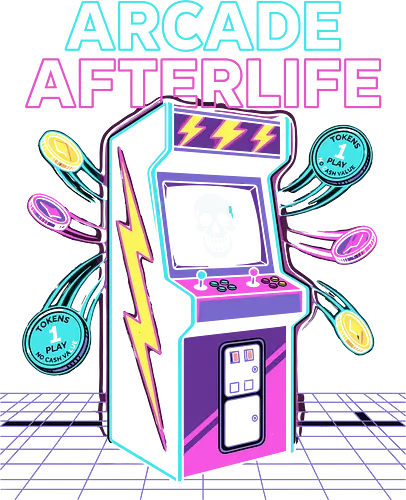 Afterlife - arcade afterlife, retro gaming t-shirt, synthwave arcade machine, vaporwave gamer apparel, 80s arcade cabinet, pixel art skull, gaming token graphic, neon gaming shirt, video game nostalgia, gamer aesthetic clothing, retro arcade art, cyber gaming tee, purple and pink neon, classic gaming gear, haunted arcade machine, arcade game over shirt, geek culture fashion, vintage gaming merch, electric gaming design