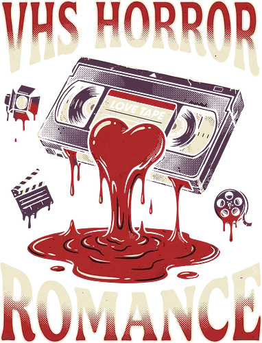 VHS Horror Romance - vhs horror romance, retro movie t-shirt, love tape graphic, vintage vhs shirt, horror romance apparel, dripping heart design, 80s cult cinema, halftone movie art, romantic horror tee, film lover gift, cinephile streetwear, aesthetic vhs tape, melting heart shirt, movie night clothing, retro tech fashion, gothic romance top, analog horror merch, film student gift, vintage movie icons