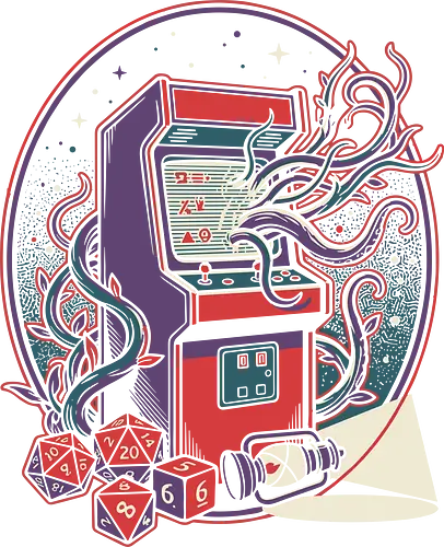 Dungeon Crawler Arcade - dungeon crawler arcade, tabletop rpg t-shirt, polyhedral dice graphic, dnd arcade machine, retro gaming apparel, dungeon master gift, 20 sided dice shirt, vintage arcade art, fantasy gaming tee, gamer aesthetic clothing, roleplaying game merch, mystical arcade cabinet, d20 dice design, adventurer lantern shirt, geek culture streetwear, pixel fantasy art, retro tabletop gear, gaming night outfit, occult arcade design