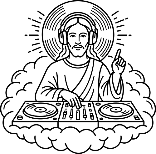 "DJ Jesus - dj jesus, electronic music shirt, jesus with headphones, techno priest, funny christian t-shirt, minimalist line art, dj lifestyle apparel, house music graphic tee, edm streetwear, celestial dj design, turntable art shirt, music festival top, religious humor clothing, dj gift ideas, modern jesus art, vinyl records graphic, clubbing outfit, creative music producer shirt, heavenly beats tee