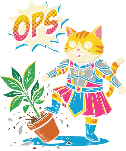 Ops! Knight Cat - funny knight cat, ops cat shirt, clumsy paladin kitten, orange tabby graphic tee, funny rpg cat, armored cat t-shirt, cat knocking over plant, pop art cat clothing, medieval pet humor, gamer cat gift, cute warrior kitten, comic style cat shirt, dungeon and dragons cat, whimsical pet apparel, funny animal knight, klutzy cat design, knight in shining armor cat, pet lover humor, vibrant cat illustration