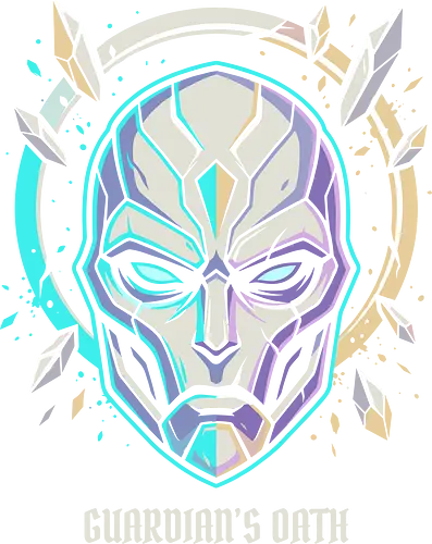 Guardian's Oath - guardian's oath, cybernetic mask shirt, techwear graphic tee, futuristic armor design, sci-fi helmet t-shirt, cyberpunk aesthetic clothing, mecha warrior art, glowing cyan mask, robotic face graphic, futuristic streetwear, digital halo design, crystal shard art, sci-fi gaming apparel, modern tech fashion, alien technology shirt, cyber mask illustration, high tech warrior top, lavender and teal aesthetic, futuristic knight tee