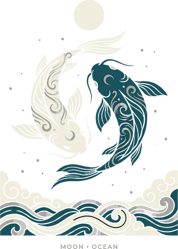 Moon & Ocean - moon and ocean shirt, koi fish yin yang, tui and la graphic tee, moon spirit t-shirt, ocean spirit apparel, elemental bending fan art, japanese koi fish design, zen balance clothing, northern water tribe style, mythical fish t-shirt, white and teal koi, spiritual harmony top, celestial moon graphic, wave and fish art, anime inspired streetwear, yin yang animal shirt, peaceful zen apparel, water spirit design, mythology lover gift