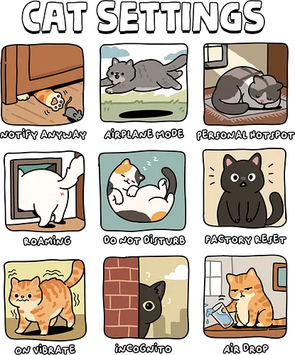 Cat Settings - cat, air drop, airplane mode, cat dad, cat lady, cat owner, cats, catshirt, funny cats, kitten, kitty, reset, roaming, settings, tech support