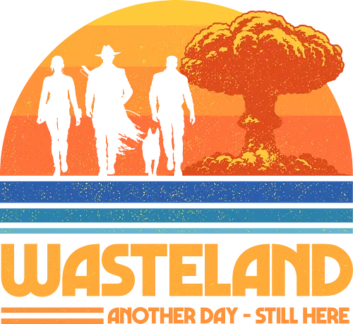 Wasteland Survivors Retro Sunset Design - post apocalyptic, apocalypse, dystopian, gamer, geek, nerd, nostalgia, nuclear, retro, sci fi, science fiction, survivor, video game, wasteland, atom punk