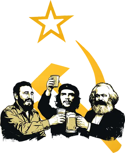Socialist Cheers - socialist cheers shirt, fidel castro che guevara marx tee, communist party graphic, retro political t-shirt, socialist propaganda art, revolutionary leaders shirt, hammer and sickle clothing, funny political apparel, vintage marxist design, leftist streetwear, history buff gift, political science t-shirt, che guevara toast, karl marx graphic, socialist movement gear, yellow and black political art, iconic revolutionaries shirt, soviet aesthetic apparel, comrades cheering design