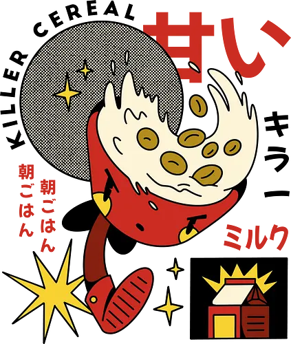 Vintage Japanese Pop Art - Vintage Japanische Pop Art - killer cereal art, japanese pop art, retro food illustration, kawaii monster art, vintage japan design, cereal character art, cute japanese illustration, funny food art, retro cartoon style, japanese aesthetic art, playful pop art, kawaii illustration, retro japan poster