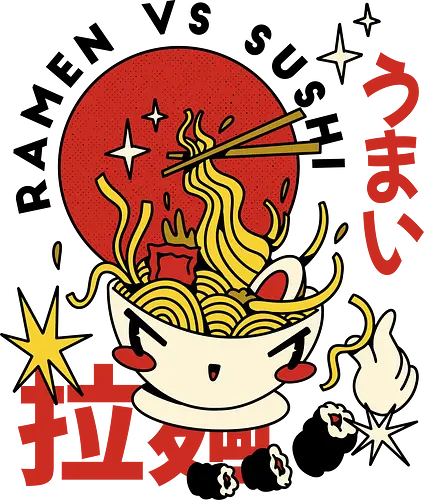 Ramen vs Sushi – Japanische Retro Food - ramen illustration, sushi kunst, japanisches essen kunst, retro japan illustration, ramen vs sushi, kawaii food design, japan pop art, lustige food kunst, vintage japan stil, nudel illustration, süßes ramen design, asiatische food kunst, japan cartoon stil