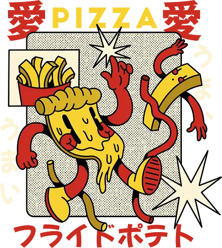 Pizza & Pommes – Japanische Retro Kawaii Food Art - pizza illustration, pommes illustration, japan retro kunst, kawaii food art, pizza cartoon, lustige food illustration, japan pop stil, vintage japan ästhetik, süßes food design, verspielte illustration, fast food kunst, retro cartoon food